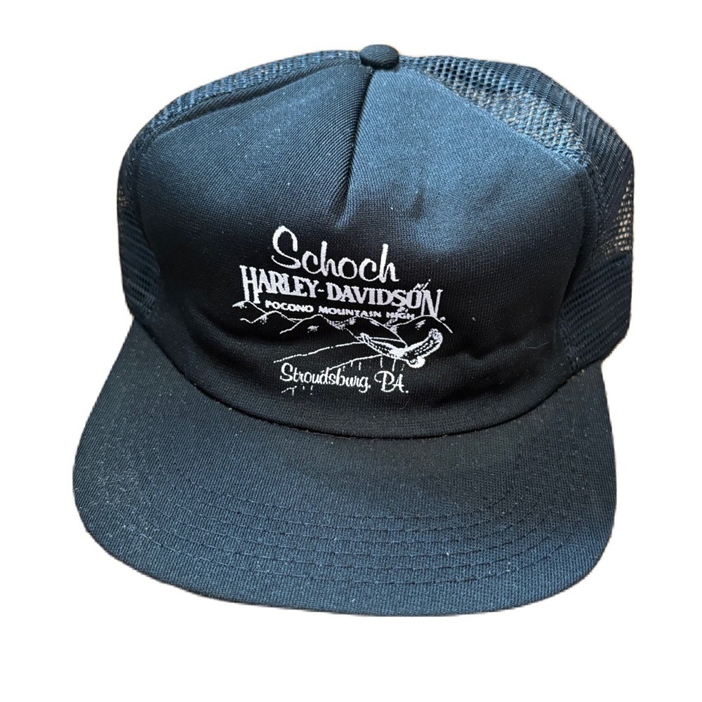Vintage Schoch Harley-Davidson Black Mesh Trucker Hat SnapBack 90s Pocono